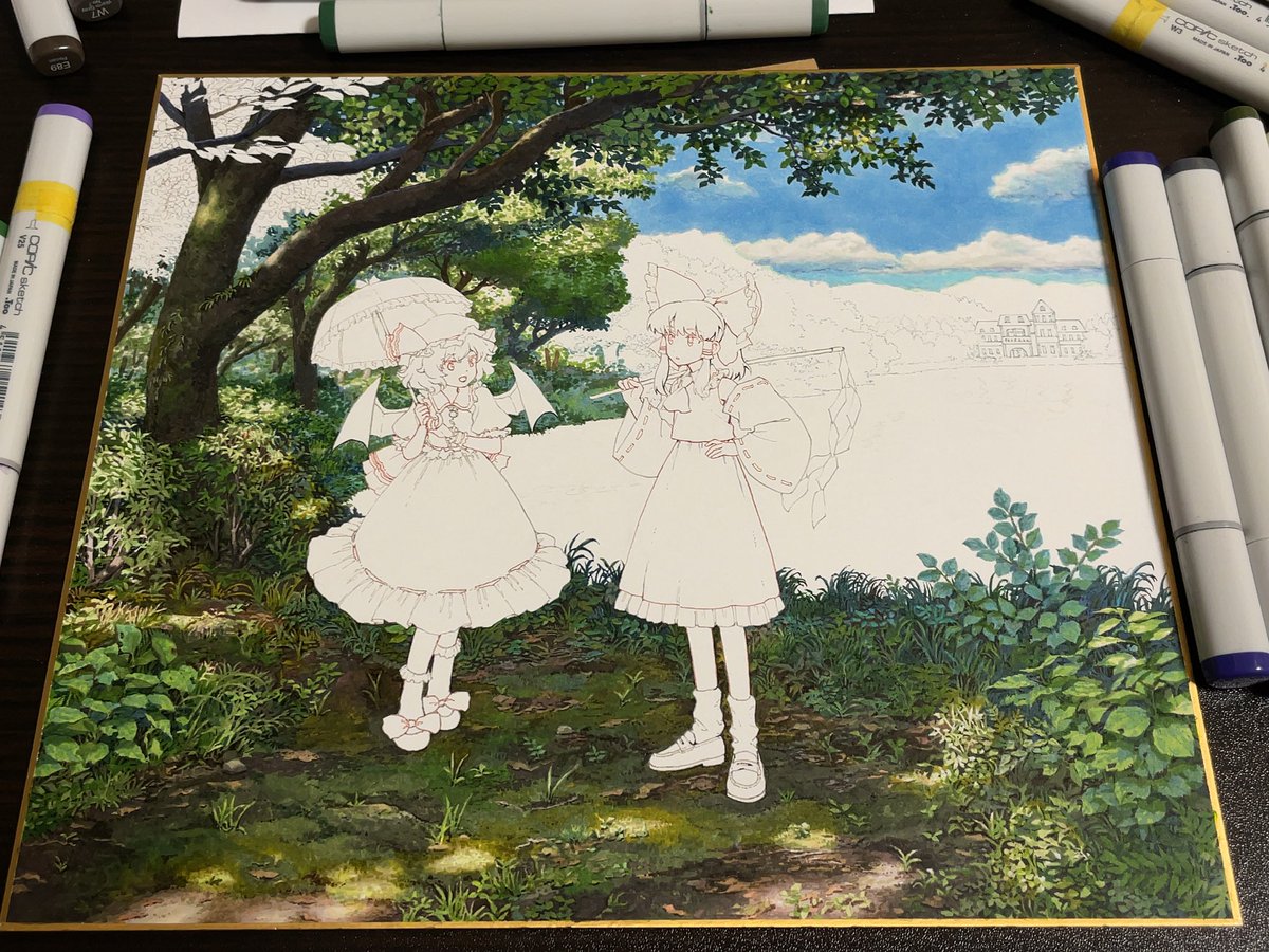 shiratamaha's tweet photo. ようやく奥行きが出てきました。

前後で緑が被らないようにライティングや色相を変えて、奥の方はコントラストも弱めにしてみました。
単調にならないように茶色や紫、ピンクを置いて変化を加えています。 https://t.co/qsuAQcuWNG