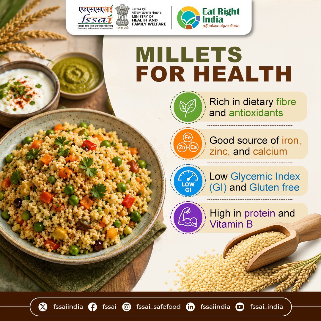 fssaiindia's tweet photo. This #WorldEnvironmentDay, choose a grain that's good for the planet and great for your health- Millet.

Rich in nutrients and gentle on natural resources, #millets support sustainable agriculture while contributing to healthier diets.
#EatSustainable #EatRightIndia https://t.co/LE7ghwHQSJ