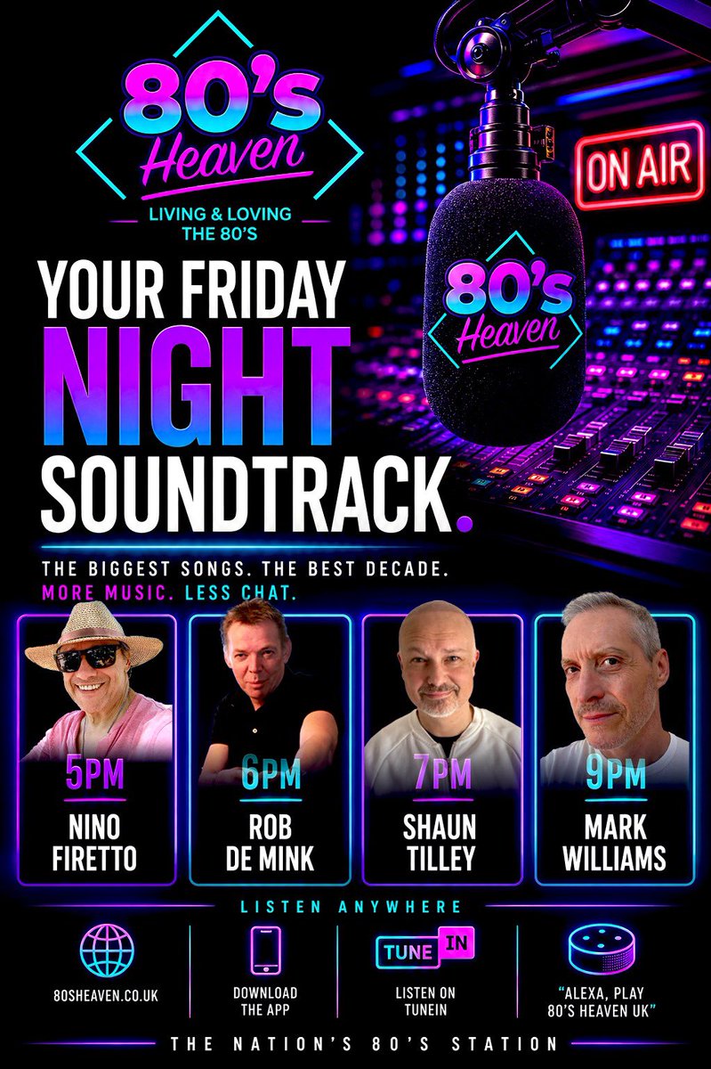 Heaven80s's tweet photo. Your 80’s Heaven Weekend officially kicks off at 5pm with naughty @NinoFiretto! @RobdeMink #80sHeaven #80sHeavenRadio #80s https://t.co/n86lLZbehv