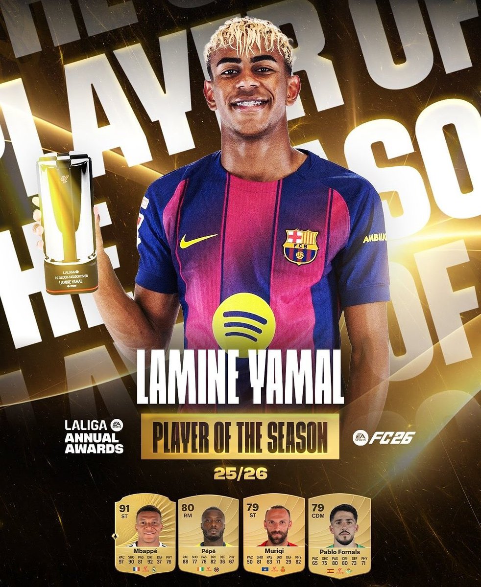 BarcaFRNews's tweet photo. 28 matchs 🏟️
16 buts ⚽️
12 passes D 🅰️

𝐋𝐀𝐌𝐈𝐍𝐄 𝐘𝐀𝐌𝐀𝐋 EST LE MVP DE LA SAISON 2025-2026 DE LIGA 🌟🏆 https://t.co/e1FE5TR90K