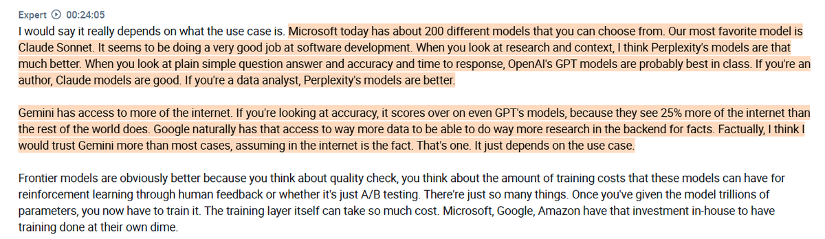 RihardJarc's tweet photo. Interview with a $MSFT employee on why the real value in AI is in what gets built on top of the model:

1. He sees the real value sitting not in the models themselves but in what gets built on top of them, what $MSFT internally calls scaffolding, meaning how AI connects to an organization's data, what context it is given, and how well it amplifies the intelligence already inside a business. The expert's view is that as models continue to improve and commoditize, the differentiation will shift entirely to that layer above the model.

2. The expert believes that token costs are a real and often underestimated problem, noting that even $MSFT is pulling back on unlimited Claude licenses because the cost spike became unsustainable. He also mentions that most companies are not getting the data integration piece right, failing to bring everything they have into one place in a way the AI can actually use.

3. Observability is flagged as equally important, with organizations needing a clear view of exactly where every token is being spent before costs spiral out of control. $MSFT is addressing both through Work IQ for context and data integration and Agent 365 for the observability layer, with permissions and security rounding out the three pillars of what the expert sees as the scaffolding that will ultimately determine which organizations get real value from AI and which do not. The expert believes model selection as highly use-case dependent, with $MSFT running 200 models internally.

4. According to the expert, AI is actively decoupling workflows from the SaaS application layer, which historically locked users into platforms like $CRM or $NOW to execute any process. With agentic AI, workflows can now sit above the application stack entirely, with the agent pulling data from a CRM, triggering actions in an ERP, and updating tickets in $NOW system without the user ever touching those systems directly. $MSFT is positioned as exactly this kind of orchestration layer.

found on @AlphaSenseInc