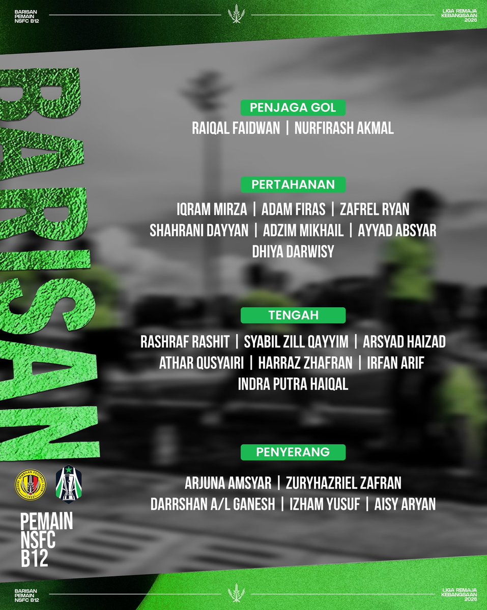 nsfc1923devt's tweet photo. Senarai Rasmi Skuad NSFC B-12 ke Liga Remaja Kebangsaan 2026! ⚔️

Memperkenalkan barisan ubi muda #TheJangs yang akan memulakan kempen Liga Remaja Kebangsaan 2026 di Akademi Mokhtar Dahari (AMD), Gambang bermula esok sehingga 8 Disember 2026. https://t.co/Hn1ABy1xb2