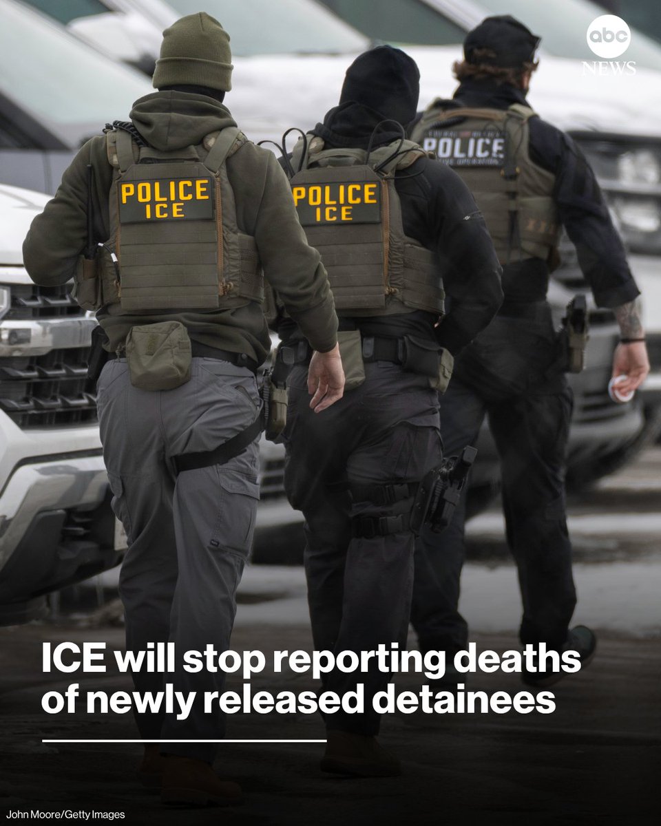 ABC's tweet photo. U.S. Immigration and Customs Enforcement is ending a policy that required the agency to report the deaths of former detainees that occurred within 30 days of their release from federal custody.

Read more: https://t.co/onuJWLIEcQ https://t.co/V1qhFNNHpq