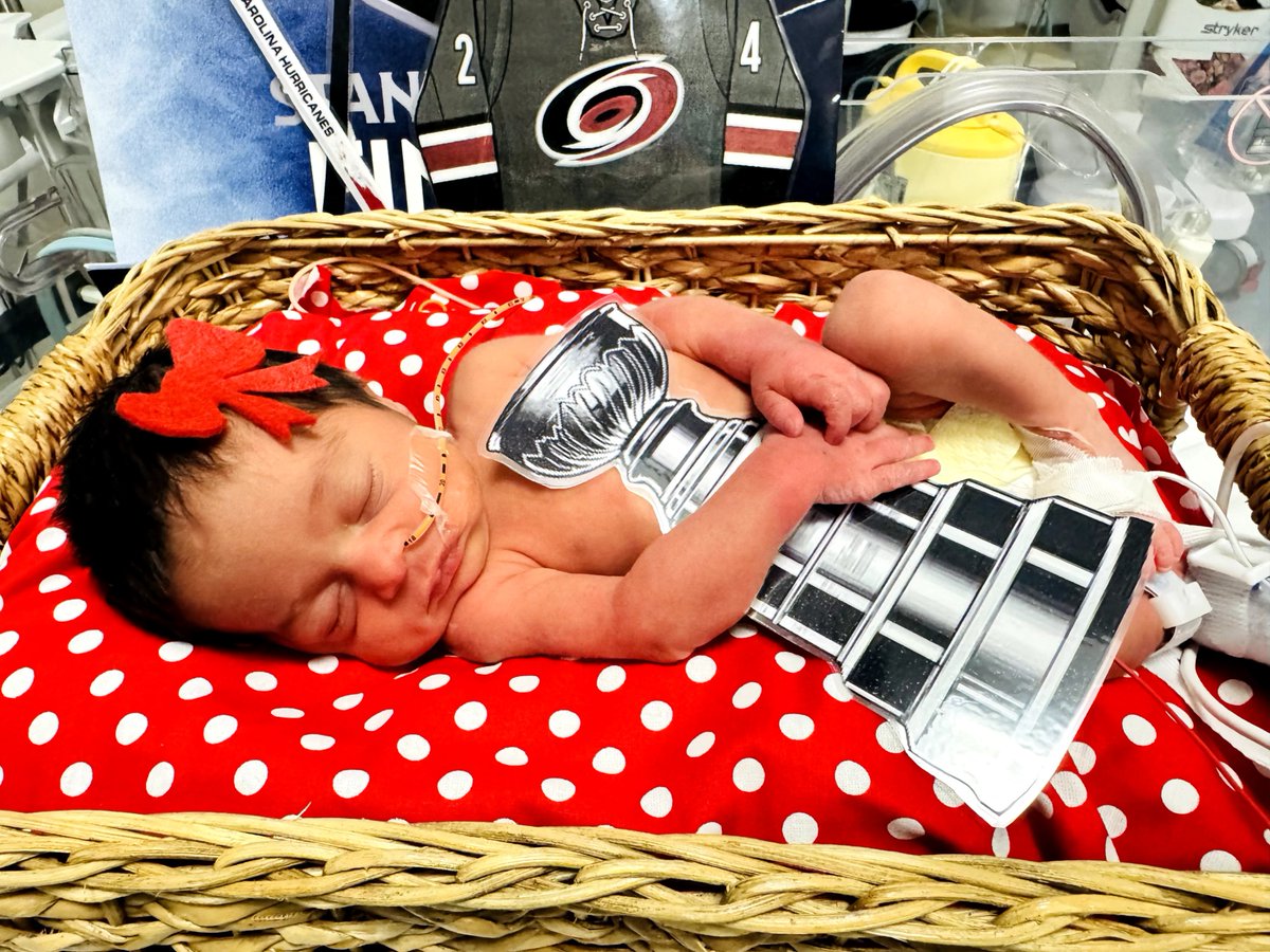 UNC_Health_Care's tweet photo. Tiny fans. Big @Canes spirit. ❤️🖤

Our UNC Health Rex NICU babies are celebrating the Canes' big win last night in the cutest way possible. Wishing the team continued success as they chase the @StanleyCup! 

#canes #stanleycup #hockey #raleigh https://t.co/surcnzdIg0