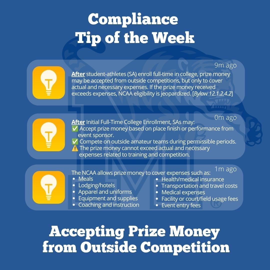 UofMCompliance's tweet photo. 💡Compliance Tip of the Week💡

This week’s tip covers student-athletes accepting prize money from outside competitions after becoming full-time college students.

As a reminder, actual and necessary expenses cover all reasonable expenses related to participation. https://t.co/pctnhtr6nv