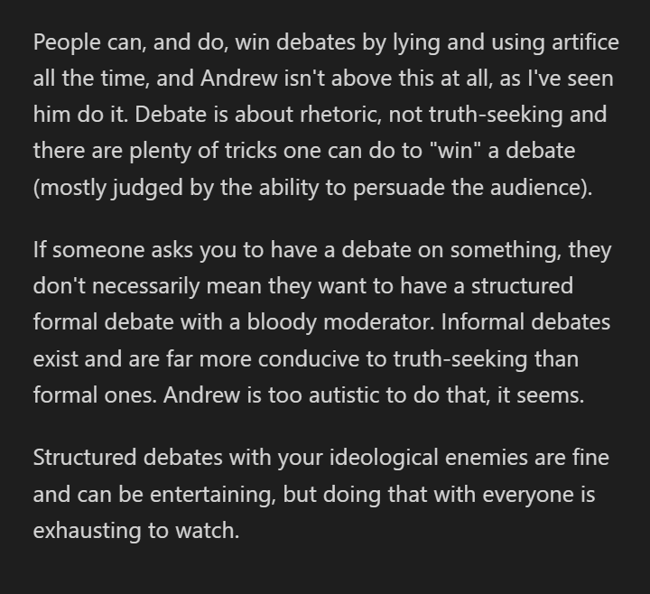 errelevant_t's tweet photo. @IzykHaze @TheRWCoalition This is such a retarded take...

So anyone who engages with Andrew in any capacity does so to engage in a structured debate to "win"? I bet you're stupid enough to also think "winning" a debate means that what the winner said was true too. https://t.co/C1hpUPJRBI