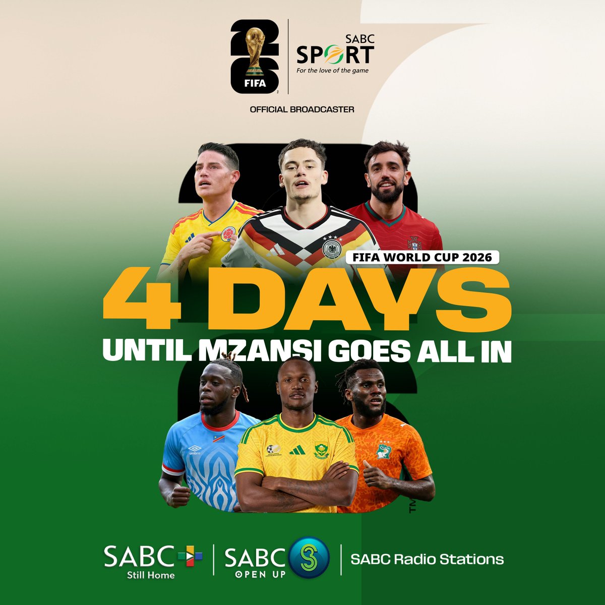 METROFMSA's tweet photo. 📺 4 DAYS TO GO!

The world's biggest football tournament is almost here, LIVE on SABC 3 and SABC 1! 🇿🇦🔥

📲 Don’t miss a single moment—stream live on https://t.co/VXI2er17QG and follow every match across SABC Radio Stations 🎙️

⚽ Get live updates, breaking news, fixtures and results on https://t.co/NSExZwuxpo

ALL OF US. ALL IN. KAOFELA.

#SABCSport #ReBafanaKaofela #BafanaBafana #AllOfUsAllInKaofela #FIFAWorldCup2026 #WorldCupOnSABC #SABCPlus