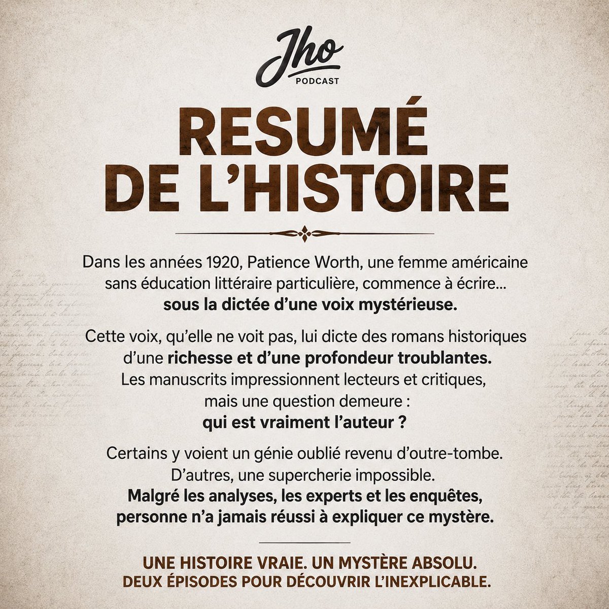 jhov2p2's tweet photo. Mystère Patience Worth : l’écrivain fantôme qui défie le temps
Une femme ordinaire écrit des romans exceptionnels sous la dictée d’une voix mystérieuse. Qui est vraiment Patience Worth ?
Deux épisodes bientôt.

#insolites 
#mystère 
#jho📳 
#patienceworth 
#truecrimecomunnity https://t.co/F3cRI7jFNF