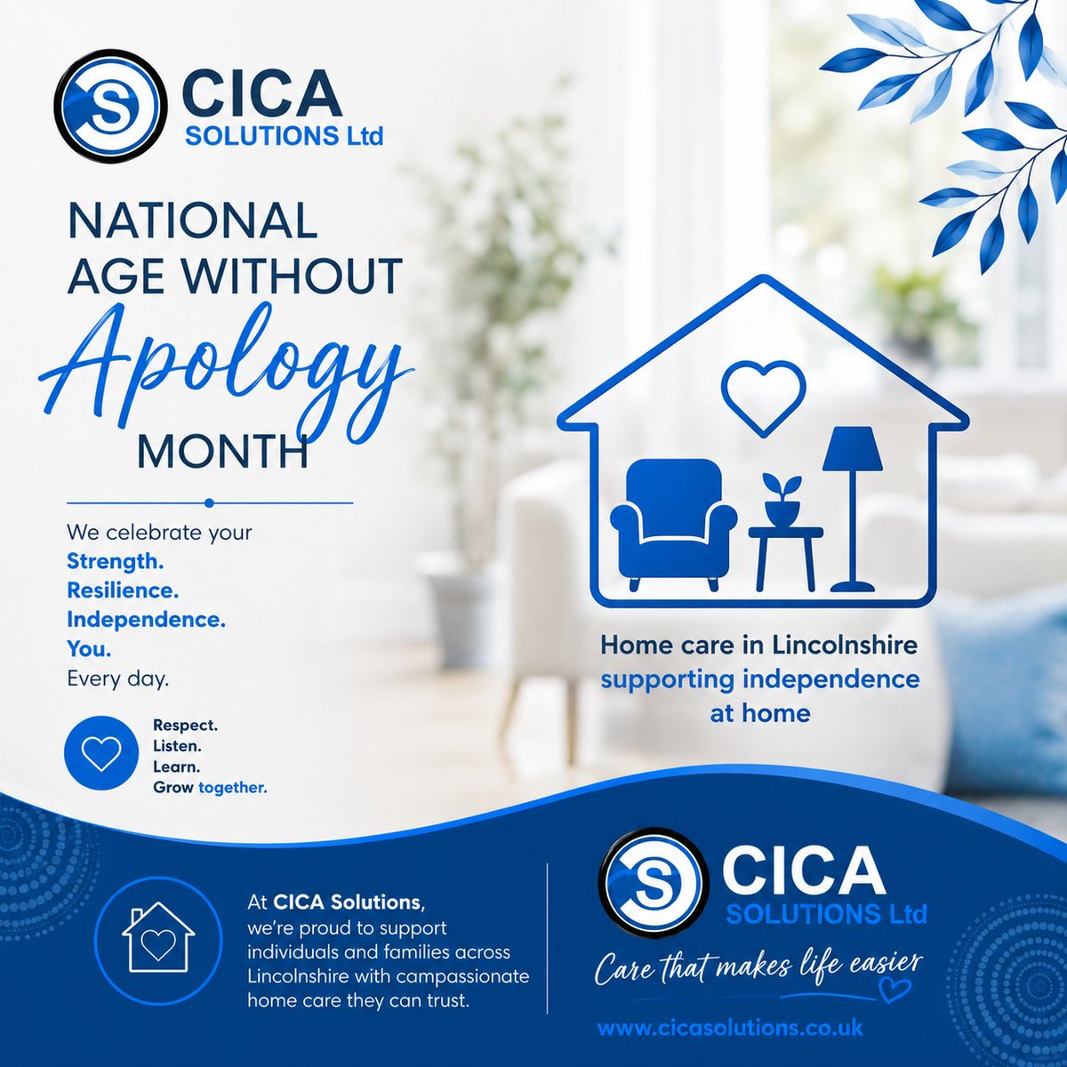 CICASolutions's tweet photo. This National Age Without Apology Month, we're celebrating independence, confidence, and the freedom to be yourself.

At CICA Solutions, we're proud to provide home care across Lincolnshire that helps make aging easier. 💙

#AgeWithoutApology  #HomeCareLincolnshire https://t.co/x1lRPpJF4u