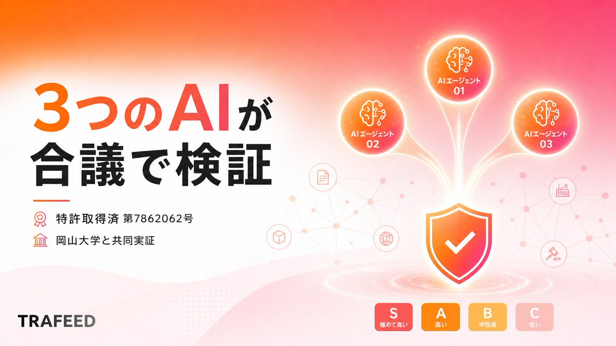 TIMEWELL_PR's tweet photo. 該非判定や取引先チェックの懸念度を5秒で可視化する輸出管理AIエージェント。3つのAIが合議、最終判定は人。特許取得済み・岡山大と共同実証。