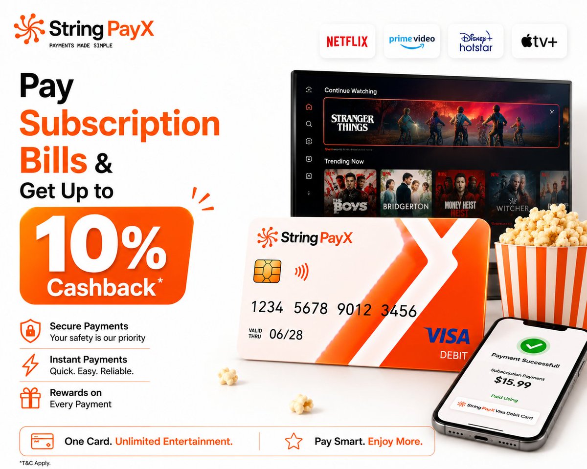 stringpayx's tweet photo. 🍿 Movie night made rewarding

Pay with String PayX 💳
✨ Get up to 10% cashback
Stream more. Save every month 📺

👉 https://t.co/72qd4x8Thx

#StringPayX #Streaming #Subscriptions #Cashback #Entertainment #SmartPayments #BingeWatch #OTT #DigitalPayments #Fintech #Rewards https://t.co/PgiHWEiejt