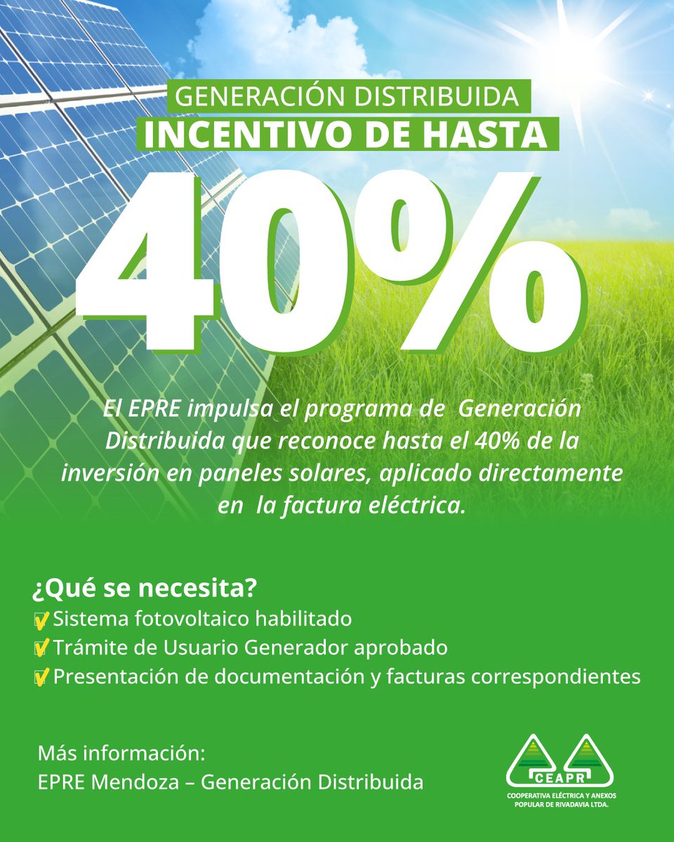 CEAPRltda's tweet photo. ☀️⚡ ¿Sabías que podés generar tu propia energía y acceder a un incentivo de hasta el 40% de la inversión?

📲 Más información y requisitos en:
https://t.co/DRqTIZtYFo https://t.co/7aPCDc8Teg