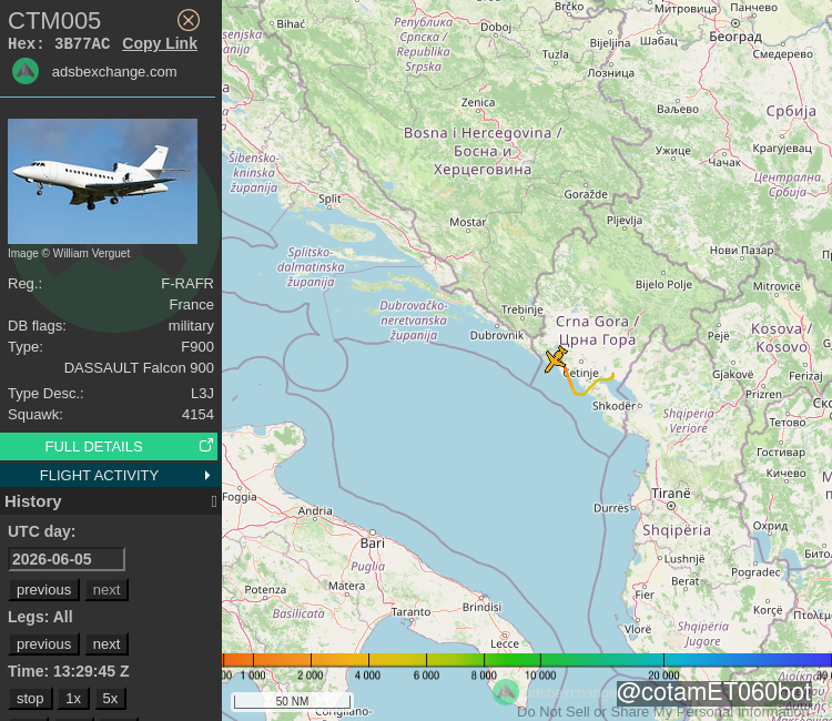 COTAMET060Bot's tweet photo. 🛫 Le DASSAULT Falcon 900 F-RAFR CTM005 de la flotte de l'ET 060 a été détecté à 3 500 ft près de l'aéroport Tivat Airport (TIV/LYTV) - Suivi: https://t.co/mbejvyhQ5i

🕑 05/06/2026 13:29:13 https://t.co/zQIZmLcECh