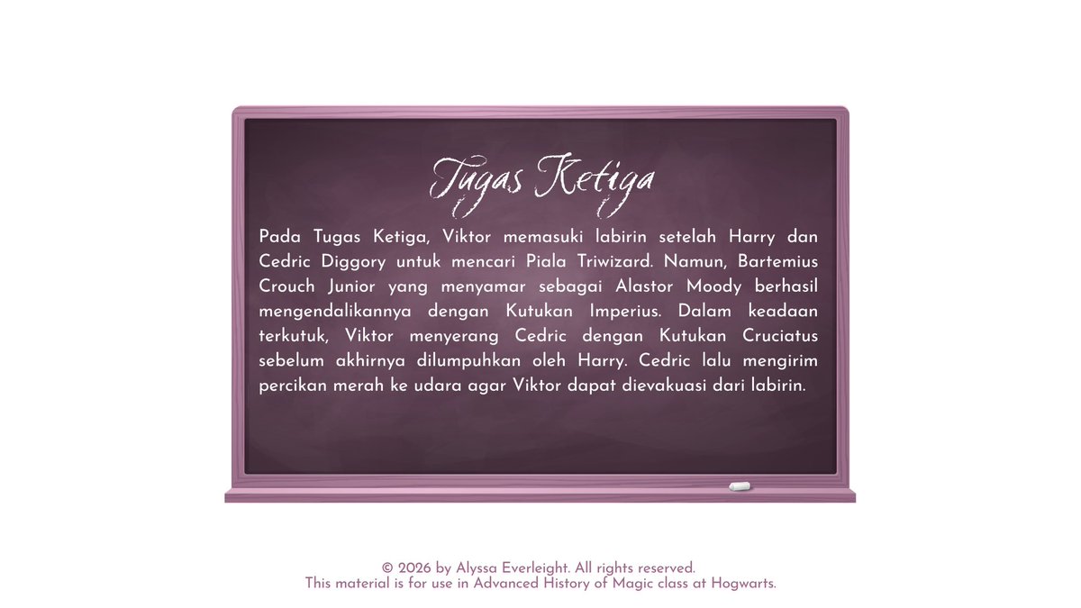 ProfsAlyssa's tweet photo. ㅤ

Alyssa melanjutkan. “Lalu beralih ke Tugas Ketiga. Kali ini Viktor masuk ke dalam labirin untuk mencari Piala Triwizard. Di tengah tantangan, ia ternyata dikendalikan oleh Bartemius Crouch Junior yang saat itu menyamar sebagai Alastor Moody menggunakan Kutukan Imperius.”

ㅤ https://t.co/ChP44lm0NA