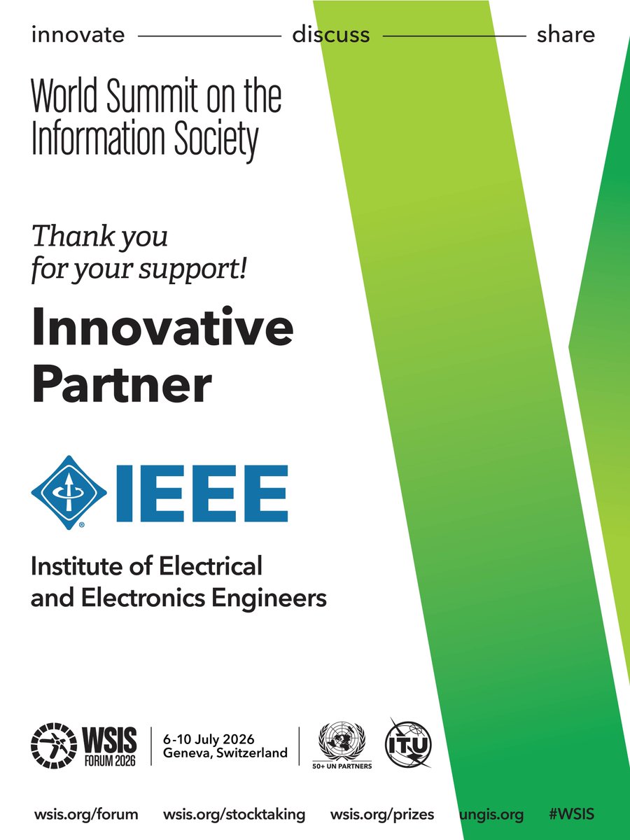 WSISprocess's tweet photo. 📢PARTNERSHIP ANNOUNCEMENT!  
We thank @IEEEorg for its continued support as a valued partner of the #WSIS process. 
Looking forward to welcoming you to WSIS Forum 2026 this July in #Geneva!  
Be part of the pivotal global event on #emergingtechnologies, #AI, #cybersecurity, #youth, #empowerment of women and girls ... register for WSIS Forum 2026 now! 
Register for on-site participation: https://t.co/2kEx8TtGB9
Register for online participation: https://t.co/PKhJFW7Jyk