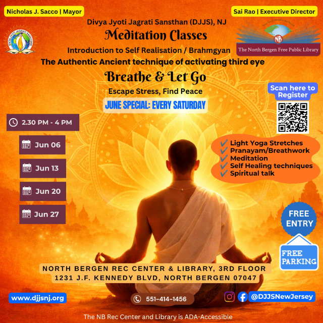 NB07047's tweet photo. The NB Free Public Library invites residents to take part in free meditation classes in collaboration with Divya Jyoti Jagrati Sansthan (DJJS), NJ. This ongoing series offers an introduction to self-realization/Brahmgyan, focusing on stress relief, mindfulness, and inner peace. https://t.co/0lAYlGRu8L