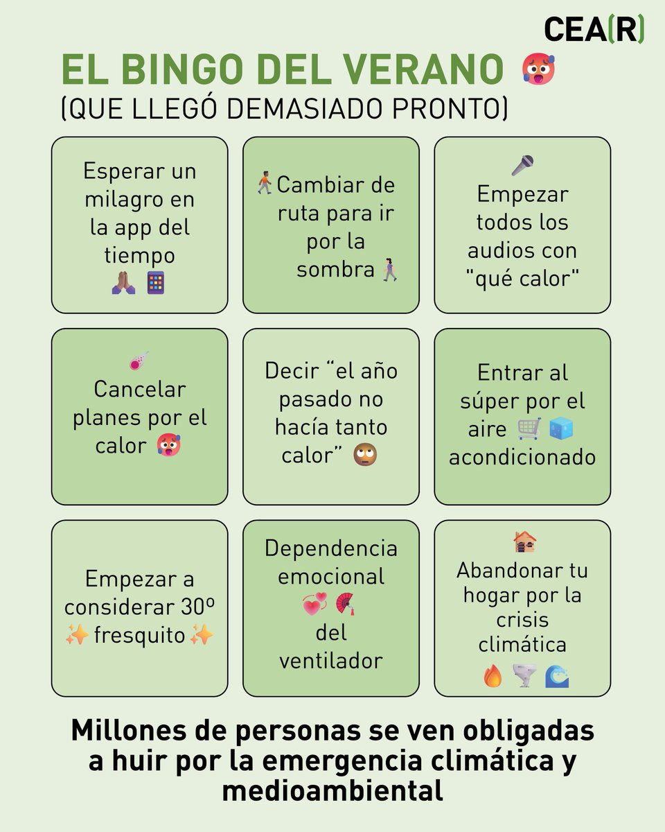 CEARefugio's tweet photo. 🥵¿Estas casillas del bingo te resultan familiares? Hay una que no debería ser parte del juego: tener que abandonar tu hogar por la crisis climática.

📢Este #DíaMundialdelMedioAmbiente recordamos que es necesario garantizar derechos a quienes huyen de sus hogares por esta causa. https://t.co/HK4L4jA6tr