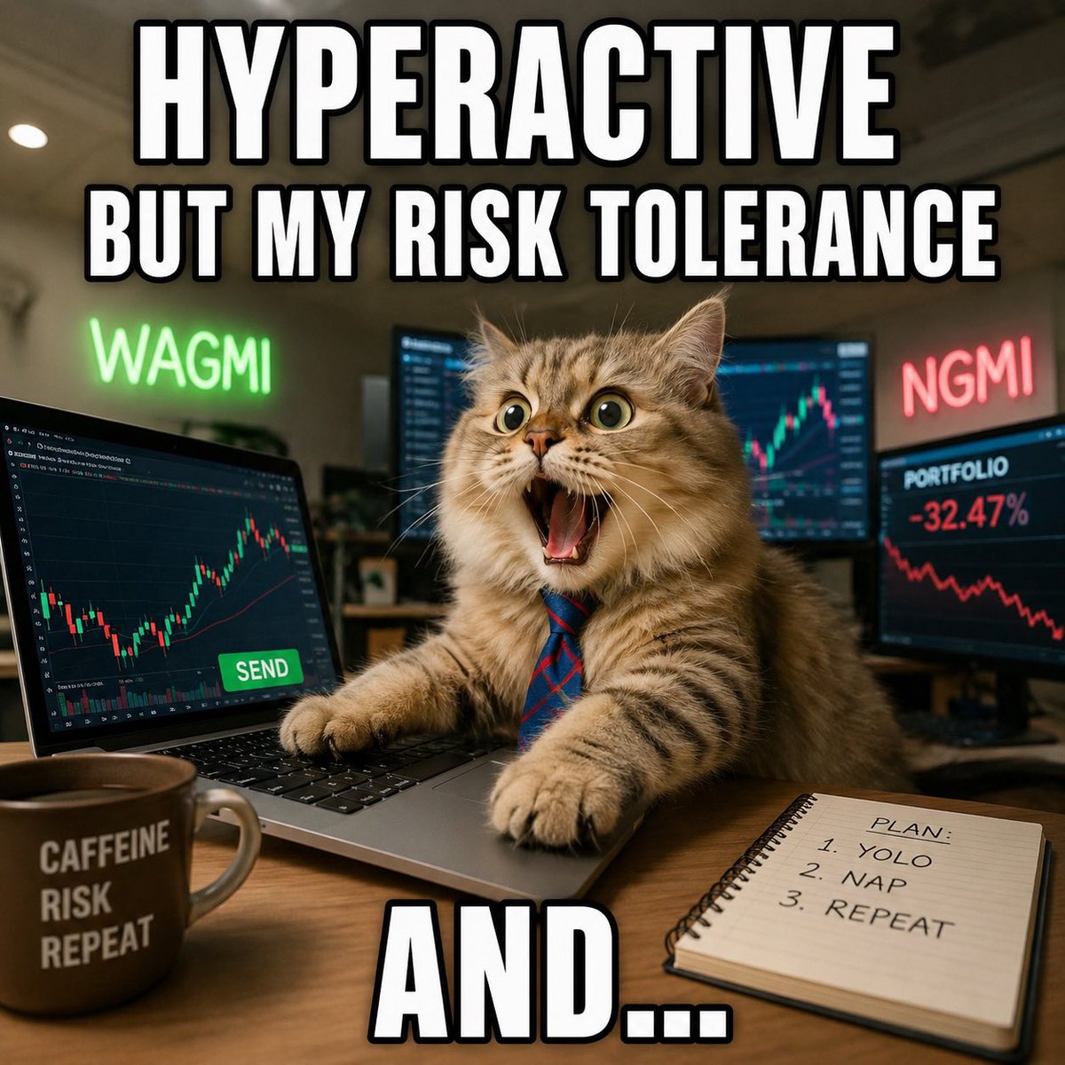 CEORAEES's tweet photo. @letsCatapult @cookie_dang @RealCoreyWilton @mikeyjhlee Me after buying one memecoin
Bottom text: “I’m hyperactive, but my risk tolerance…” 🤡📈📉 https://t.co/npFlqsRjv3