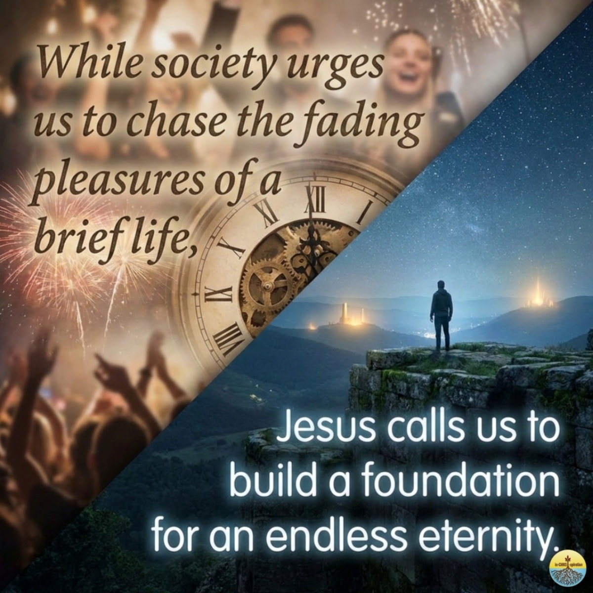 inCHRISTspired's tweet photo. Ever feel exhausted trying to keep up with the world's definition of "living your best life"?

​The world constantly pushes us to chase temporary thrills, but those feelings fade the moment the clock strikes midnight. Jesus offers us something so much greater—a solid foundation built for eternity. When we stop chasing the temporary, we finally step into lasting peace.