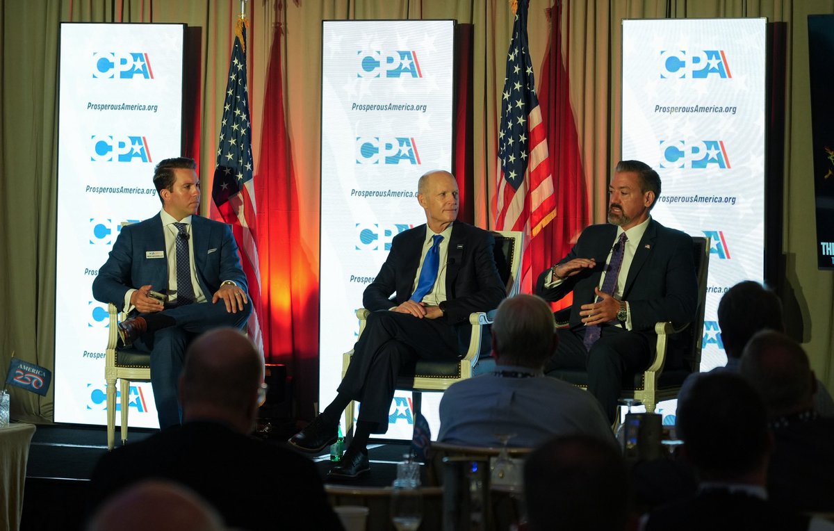 SenateAging's tweet photo. Chairman @SenRickScott joined Dr. Kevin Rhodes of @WHOMB and @cpa_tradereform to talk about the risks of relying on COMMUNIST CHINA for products Americans depend on.

They’re working to bring drug manufacturing back to the U.S so Americans can TRUST what’s in their medicines. https://t.co/2CFt0ThoC4