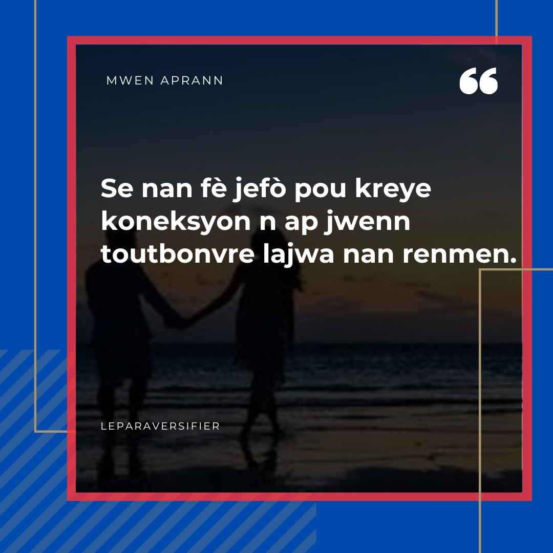 JKSromancier's tweet photo. Chak jou pote yon nouvo okazyon pou nou trese lyen sa a :
Yon bèl mo ankourajman, yon padon nou bay, yon ri nou pataje apre yon diskisyon... Se ti mikwo-efò sa yo ki sèvi tankou fil envizib pou n tise yon twal ki p ap janm chire.

Bon Vandredi, bon wikenn !
Voye je sou tèt ou ! https://t.co/4y1LSjKrXU