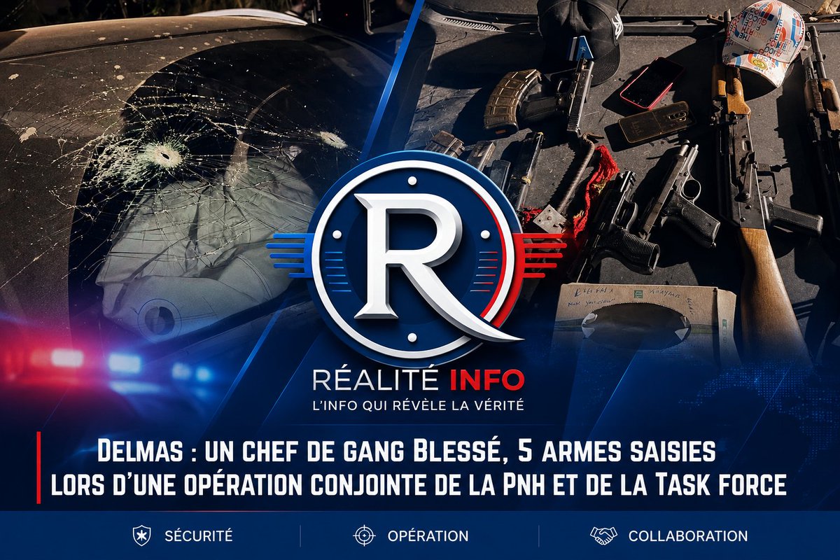 REALITEINFO1's tweet photo. Une opération conjointe de la @pnh_officiel et de la Task Force a tourné à l’affrontement armé après l’interception d’un véhicule transportant plusieurs individus suspects à l’entrée de Wharf Jérémie.

Bilan provisoire : 3 présumés membres de gangs blessés, dont un chef de gang opérant à Delmas 4 et Delmas 6, impliqué dans des enlèvements et d’autres activités criminelles.

Les forces de l’ordre ont également saisi 5 armes à feu, un véhicule et 2 téléphones portables.

#REALITEINFO1
#Haiti #PNH #Delmas #Sécurité #TaskForce