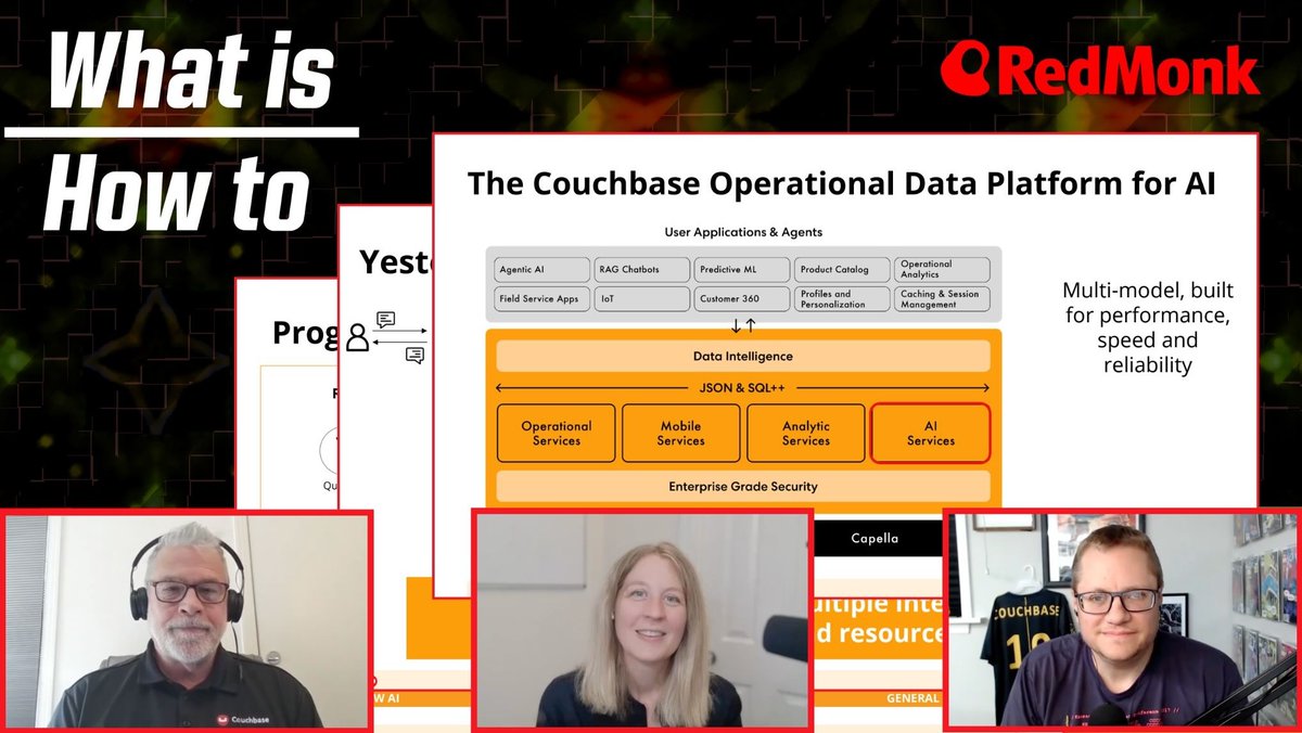 redmonk's tweet photo. Hear @KateHolterhoff talk with Mark Gamble &amp;  Matthew Groves from @couchbase about why fragmented data stacks break down under agentic workloads and how a unified operational platform changes the equation. https://t.co/OmGM5hiNMA https://t.co/HR4xAz5qMP