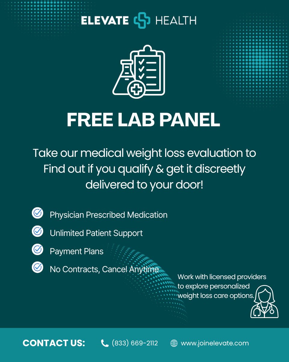 joinelevate's tweet photo. Take control of your GLP-1 journey! 🩺✨ Qualify for a FREE lab panel, get physician-prescribed support, flexible payment plans, and quality care delivered discreetly to your door. The best part? No subscription fees, cancel anytime! 
•
#elevatehealthandwellness #joinelevatehealth #elevatehealth #wellness #healthyfood #telehealth