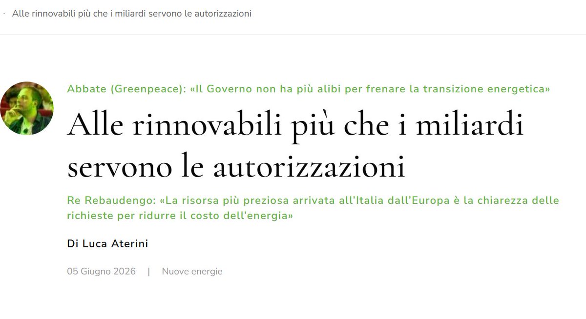 ReRebaudengo's tweet photo. Oggi, nella Giornata Mondiale dell'Ambiente, @antonioguterres rilancia l'allarme sul cambiamento climatico: "Dobbiamo agire ora" per tagliare le emissioni e accelerare la transizione https://t.co/YyY4lAEQeY 
In Italia, è ancora più evidente il legame tra la crisi del clima e quella dell’energia, due emergenze che condividono causa, l'impiego dei combustibili fossili, e soluzione, la transizione.
Ed è paradossale che proprio nel nostro Paese, il Ministero della Cultura e le Soprintendenze blocchino, senza ragione, migliaia di progetti rinnovabili, perché l’emergenza climatica sta già stravolgendo l’equilibrio dei territori italiani e più si ostacola lo sviluppo dei nuovi impianti, meno tempo resta per salvare il Paesaggio.
Bisogna riuscire a superare i dinieghi ingiustificati, ormai prassi, e a realizzare nuovi impianti, come ci chiede di fare anche la Commissione europea per ridurre i costi dell'energia. https://t.co/Qbv0R3J9vE
Basterebbe prevedere che pareri paesaggistici siano non vincolanti per le aree non di pregio che non siano state dichiarate non idonee. Quindi, il parere delle Autorità paesaggistiche dovrebbe essere vincolante solo per i progetti in aree dichiarate non idonee.
È vero che le rinnovabili sono un elemento nuovo da integrare nel paesaggio, un bene da tutelare che da sempre si è evoluto ed arricchito anche grazie alla capacità di non lasciare prevalere le opposizioni al progresso. Se in passato avessero vinto i sostenitori dell’immobilismo come strategia per tutelare il paesaggio, oggi non avremmo capolavori come la Torre Eiffel, osteggiata perché considerata una minaccia alla bellezza di Parigi, o la Piramide del Louvre, accolta come uno sfregio modernista nel cuore di un palazzo storico.