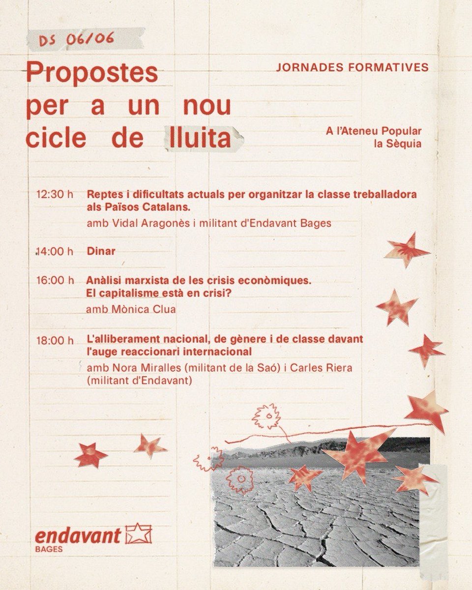VidalAragones's tweet photo. Aquest dissabte al migdia a Manresa organitzat per @EndavantBages parlarem de classe treballadora.

Jornada “Propostes per a un nou cicle de lluita” on també es discutirà sobre crisis econòmiques i respostes a l’auge reaccionari. https://t.co/GiQtQRh1pG