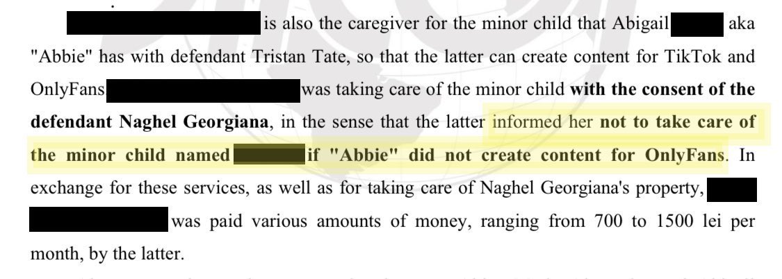 Gadget440's tweet photo. Also Tristan Tate:

Told the nanny not to help mother of his infant daughter with the baby unless she continued producing pornography on OnlyFans, according to witness statements. https://t.co/oNUkg2fs20