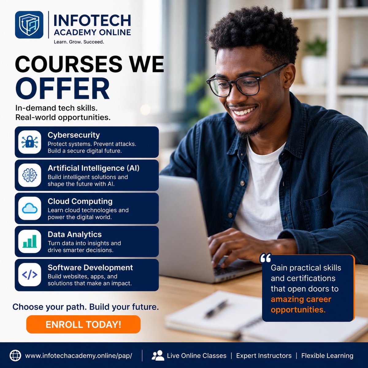 learnatinfotech's tweet photo. Which tech career path interests you most? 

At Infotech Academy Online, we help students and professionals gain real-world tech skills through live online classes.

Apply via https://t.co/JTxvR6RzuN

#infotechacademyonline #cloudcomputing #AI #dataanalytics #techskills https://t.co/4iIPdMniVu