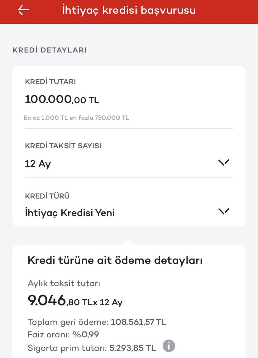 GelirPusulasi's tweet photo. Kişiye ve yeni müşterilere özel İhtiyaç Kredisi bilgilendirmesi:

✅ 100.000 ₺ Kredi Tutarı
✅ %0,99 Faiz Oranı
✅ 12 Ay Vade
✅ 108.561 ₺ Toplam Geri Ödeme

Bu dönemde 100 bin liraya sadece 8.561 ₺ fark ödemek oldukça iyi. Uygulama içi teklif olarak tanımlanabiliyor, ihtiyacı olanlar mobil şubelerini kontrol etsin.  

#kredi