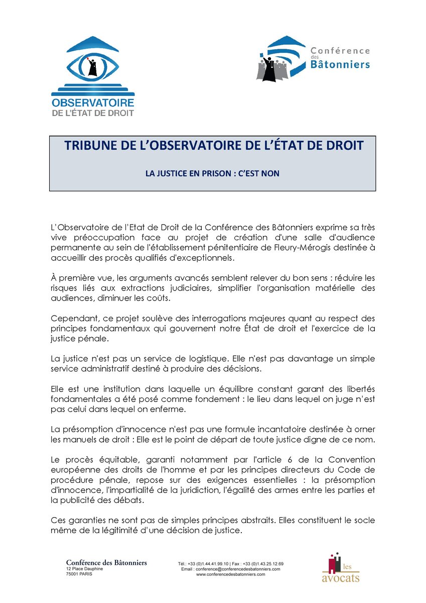 Conf_Batonniers's tweet photo. 🔵 TRIBUNE DE L’OBSERVATOIRE DE L’ÉTAT DE DROIT
La justice en prison : c’est NON
 
L’Observatoire de l’État de droit alerte sur le projet de création d’une  salle d’audience permanente au sein de la prison de Fleury-Mérogis.
 
Au-delà des considérations pratiques, ce projet soulève des questions  essentielles pour notre Etat de droit : présomption d’innocence,  publicité des débats, impartialité de la justice et séparation entre le  lieu du jugement et celui de l’enfermement.
 
👇 Lire la tribune 👇