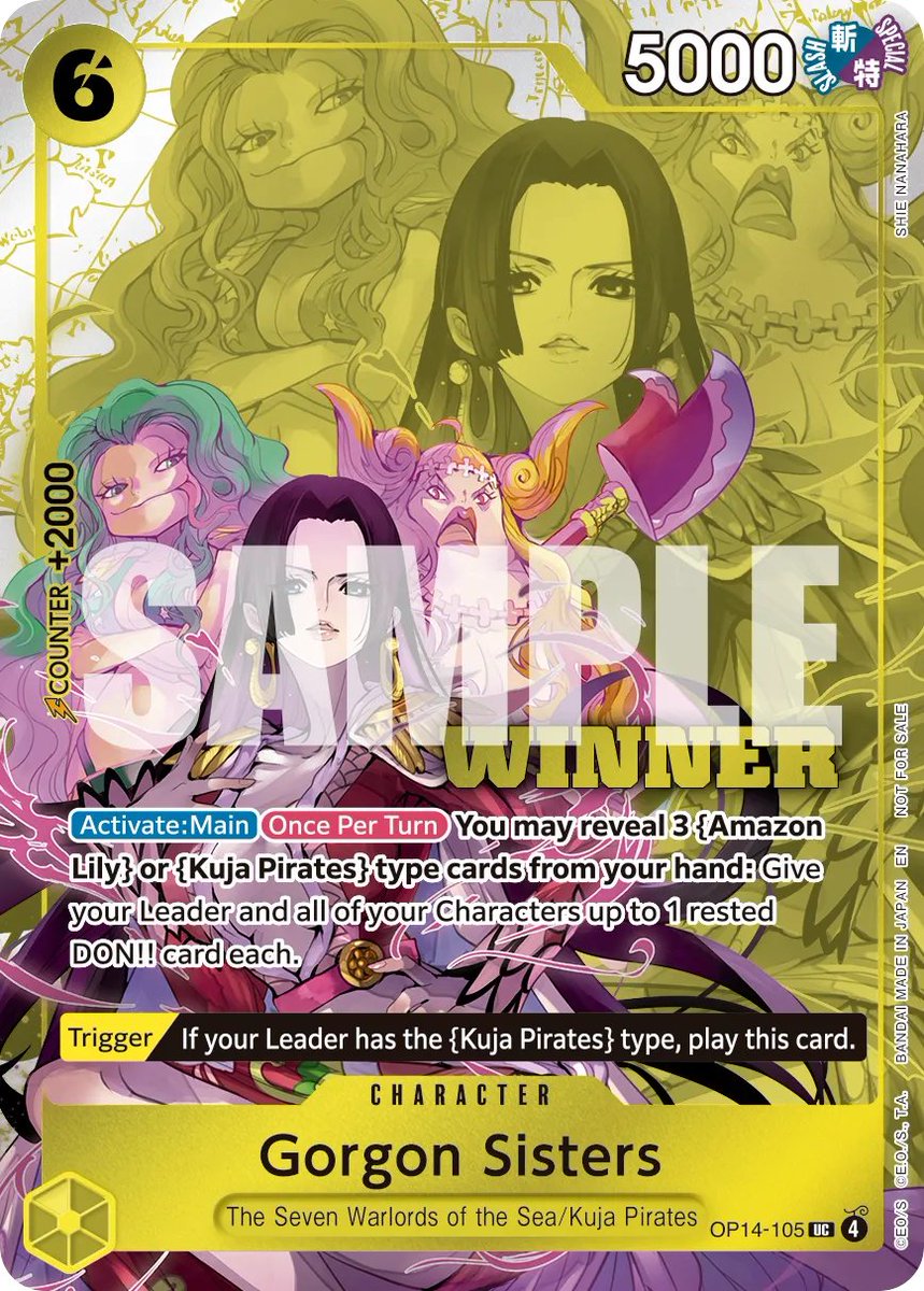 CallMeManoli's tweet photo. New One Piece locals packs have been announced! Store Tournament 2026 Vol. 3 will offer Gorgon Sisters, Kikunojo, Miss Valentine, and Chaka &amp; Pell. These will be available starting July 1st-September 30th 2026 https://t.co/6SH1LPeH4X