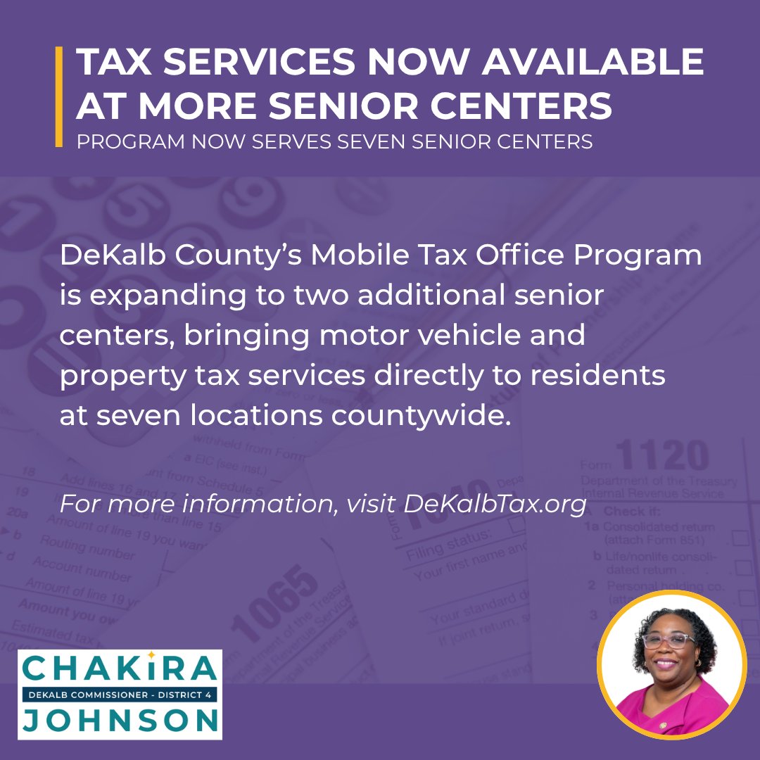 CommissionerCJJ's tweet photo. 🚐 DeKalb County's Mobile Tax Office Program is expanding to two additional senior centers, bringing motor vehicle and property tax services directly to residents at seven locations countywide.

Learn more: https://t.co/s9p0ZKFn2R https://t.co/LLSnEnfIUL