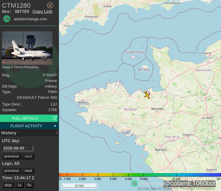 COTAMET060Bot's tweet photo. 🛫 Le DASSAULT Falcon 900 F-RAFP CTM1280 de la flotte de l'ET 060 a été détecté à 4 200 ft près de l'aéroport Dinard-Pleurtuit-Saint-Malo Airport (DNR/LFRD) - Suivi: https://t.co/MabXAswnqN

🕑 05/06/2026 13:43:46 https://t.co/PUstBfOJIt