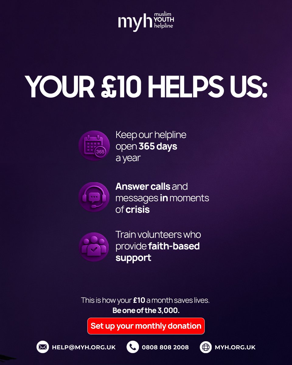 muslimyouthhelp's tweet photo. This is bigger than a donation.

Project 3000 brings 3,000 people together to help keep MYH running and answering calls from those in crisis. £10 a month from you helps keep MYH open, present, and ready when it matters most.

🔗 Donate here: https://t.co/vVLeQSG1EO https://t.co/AEMHwT2gFP