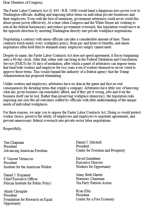 _JaceWhite's tweet photo. This week @AmericanFreedom and 28 coalition allies sent a letter to Congress opposing the so-called Faster Labor Contracts Act.

The House is expected to vote on the bill next week after a discharge petition reached 218 signatures. https://t.co/Ip6MDD4sAG