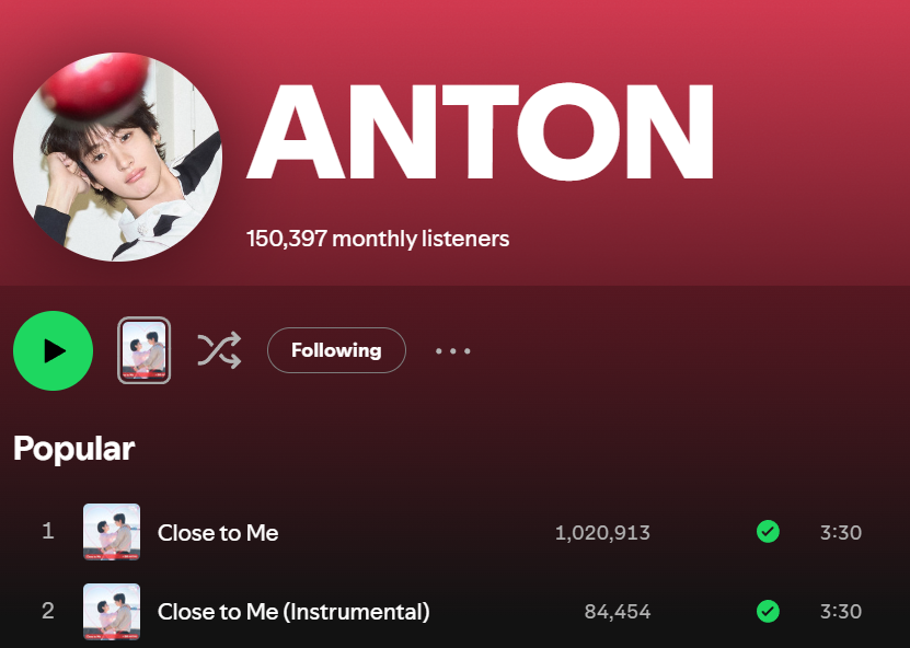 ANTONstreaming's tweet photo. [📊]  ANTON's  Close to Me ON SPOTIFY

DAY26 : 1,026,795 (+24,385)
DAY27 : 1,051,910 (+25,115)
DAY28 : 979,763 (-72,147)
DAY29 : 999,447(+19,684)
DAY30 : 1,020,913 (+21,466)🔺

#ANTON_ClosetoMe
#สตรีมเพื่อแอนตัน 
#StreamForANTON
#ANTON #앤톤 https://t.co/4E4WB2NgNj