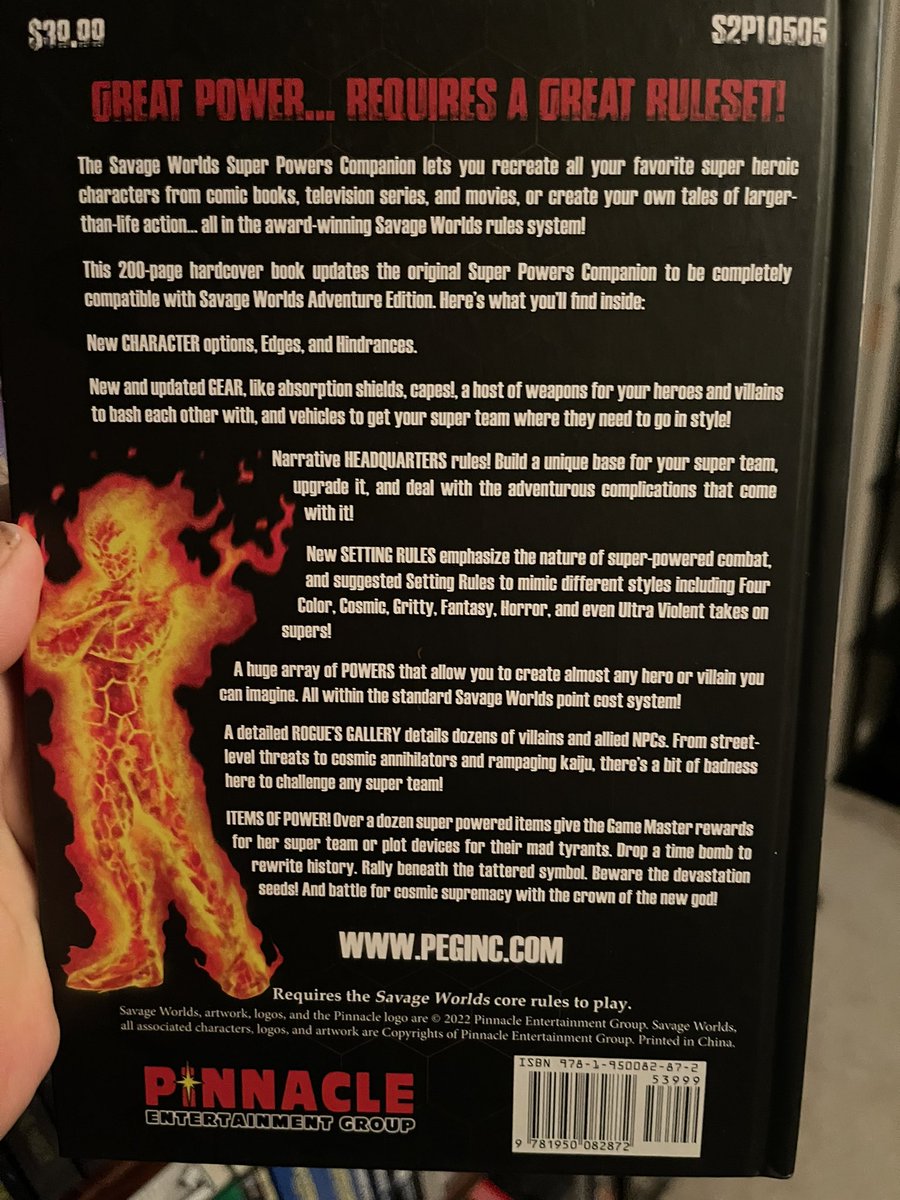 silverlock's tweet photo. The savage Worlds Super Powers Companion.  It requires the main book, but has the tools to make any super hero games you want, from street level to cosmic level games.  
I think I like the companions more than the different genre sourcebooks.  Sometimes I like the “world bullding” , but most of the time I prefer to make my own worlds and just want extra stuff to help me.