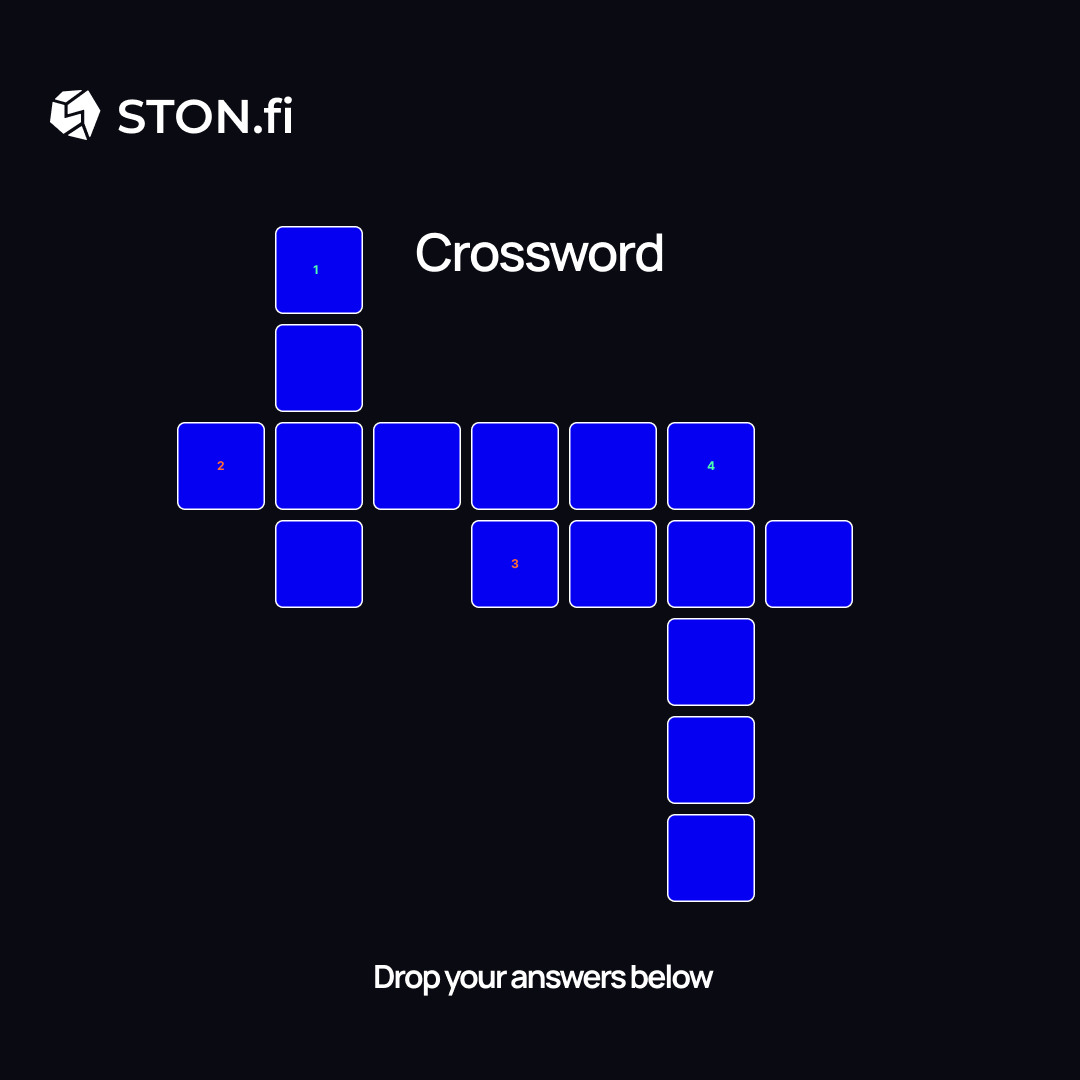 ston_fi's tweet photo. It’s Friday, stonfiers 👀

And we’ve got something new for you.

A https://t.co/DiAb69er5l crossword is here 🧩

Across: 
1) The fastest way to turn one asset into another. 
4) A digital asset that can be traded, held, or used across Web3.

Down: 
2) You can’t enter DeFi without one.
3) Traders use it, LPs fund it.