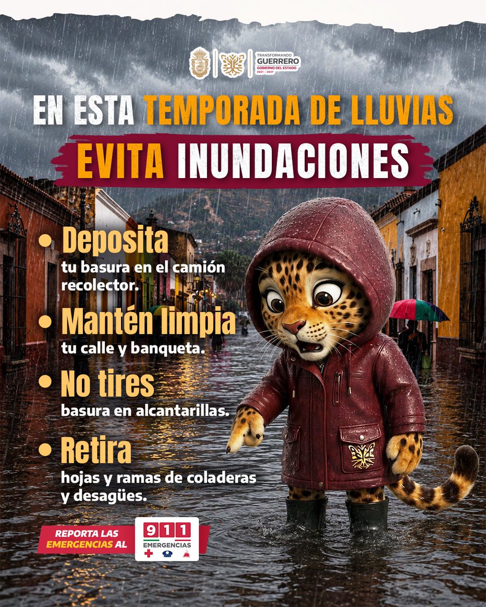 EvelynSalgadoP's tweet photo. Además, de acuerdo con el pronóstico de @PC_Guerrero, se prevén lluvias de FUERTES a MUY FUERTES durante este VIERNES, SÁBADO, DOMINGO y LUNES en distintas regiones de Guerrero, por lo que les pedimos mantenerse atentos a la información oficial y seguir las recomendaciones. ⛈️⚡️

La prevención es tarea de todas y todos. Ayúdanos a mantener limpias calles, barrancas y cauces para reducir riesgos durante esta temporada. (2/2)