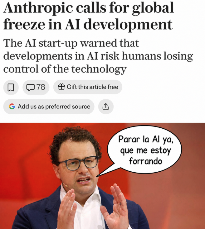 llmmaster's tweet photo. Anthropic pide una congelación global del desarrollo de la IA. La start-up de IA advirtió que los avances en inteligencia artificial podrían hacer que los humanos pierdan el control de la tecnología. https://t.co/7AAuiFqAEF