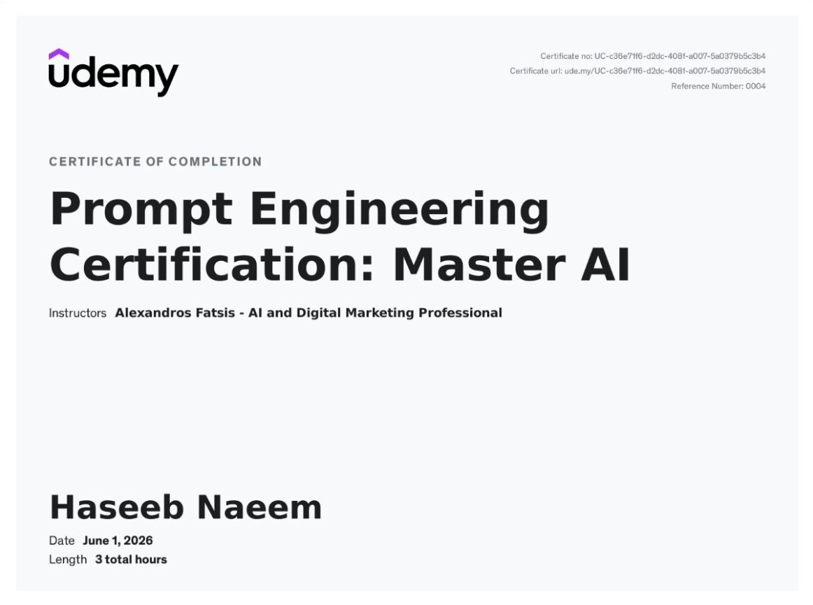 haseeb_naeem_AI's tweet photo. Completed a Prompt Engineering certification, mastering prompts to improve LLM outputs. Learned how small changes yield big results, boosting my ability to build AI employee solutions. Now applying these skills to real projects.
#AI #PromptEngineer #AIEmployees #Udemy https://t.co/tAQFJ9wLA0