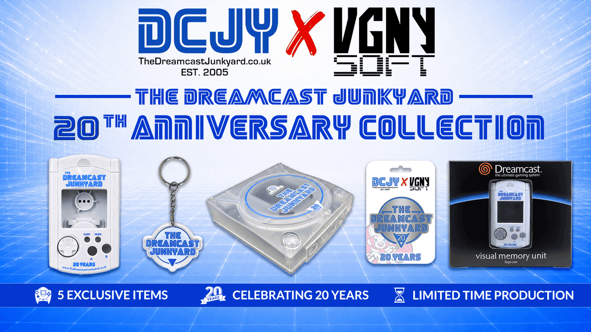TheDCJunkyard's tweet photo. We've teamed up with @VGNYSoft to celebrate the Junkyard's 20th anniversary with a limited-edition merch collection🎊

> DCJY VMU shells in 9 different colours 
> DCJY Dreamcast console shell
+ More!

Available for one month only from Monday.🗓️

More info: https://t.co/36YK6TZXHA https://t.co/9FOyFhyhHc