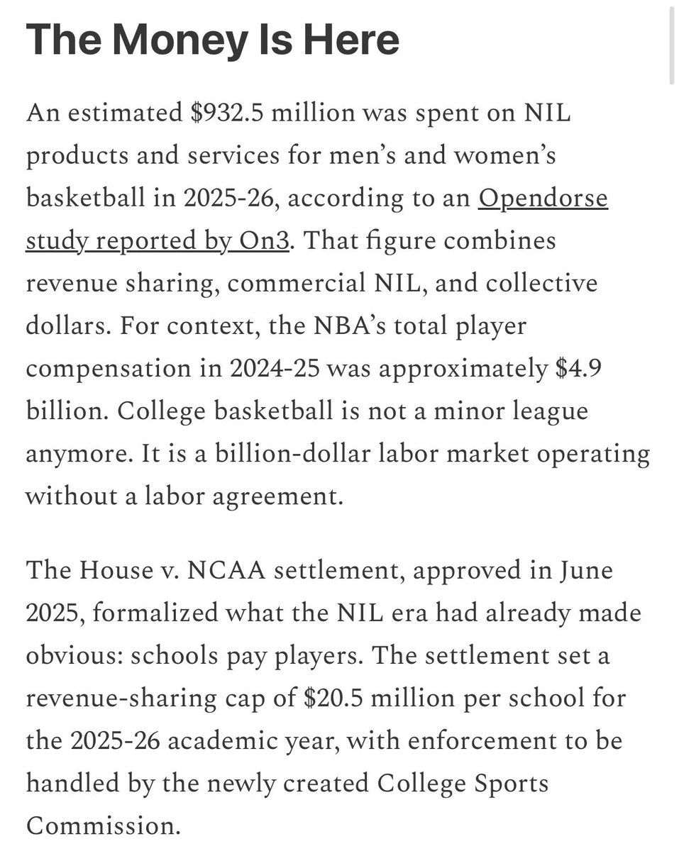 WinterSportsLaw's tweet photo. A good piece explaining why basketball should be the first college sport that looks to move to a model with a collective bargaining agreement. https://t.co/m5SXpeKq3w