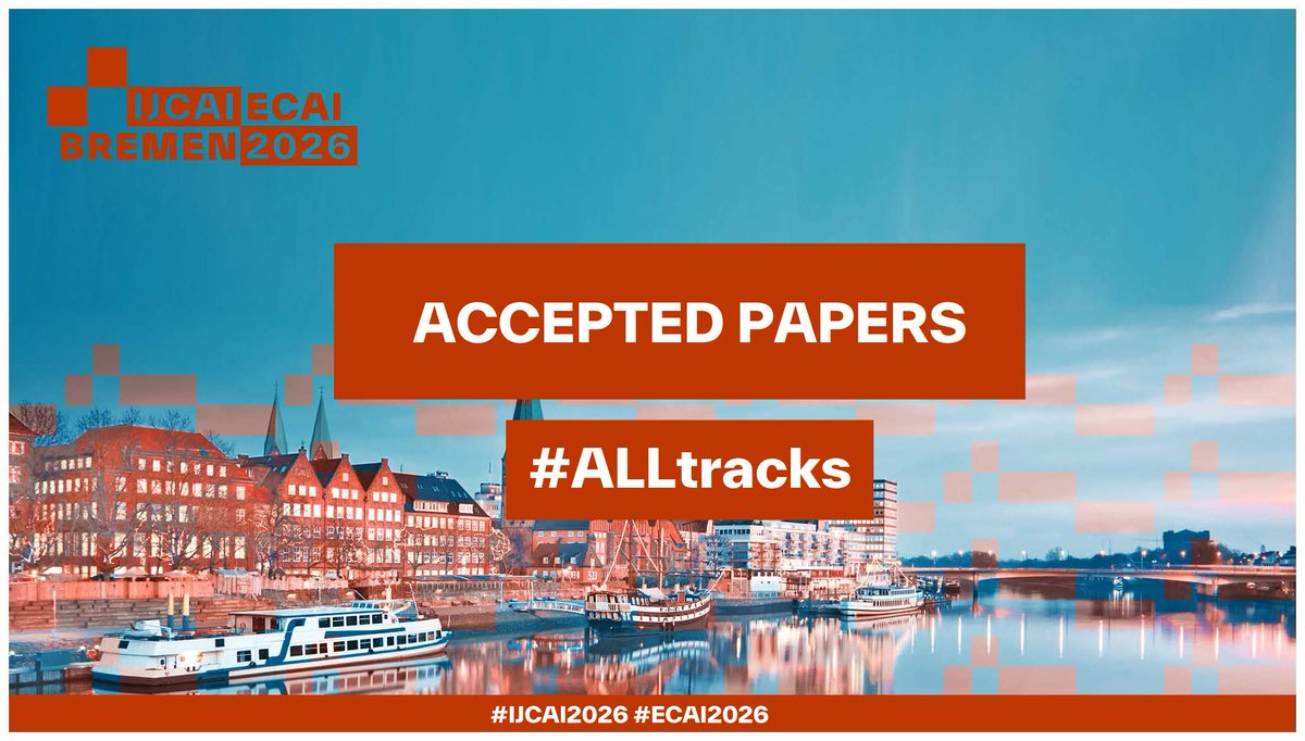 IJCAIconf's tweet photo. #IJCAI2026 #ECAI2026 The full list of 953 accepted papers across all tracks is now available: https://t.co/OAriQ805yq
Each accepted paper will be presented in two formats:
An oral presentation and a poster during a dedicated poster session
#AIsummer #Bremen #Research #AI https://t.co/1r9c8cispw
