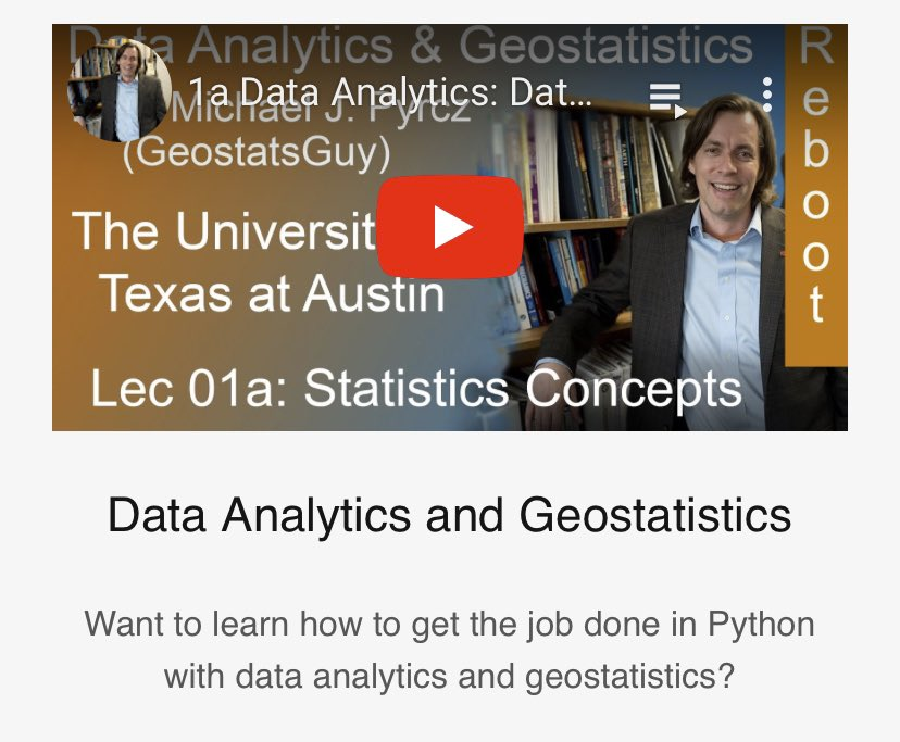 GeostatsGuy's tweet photo. Do you have some free time this summer? Want to learn #DataScience? I'm here to help!

I've made all of my university courses available as free playlists on YouTube, with links to complete online resources that include:

• Theory and fundamentals
• Step-by-step explanations
• Coding tutorials and examples
• Interactive dashboards
• Practical demonstrations
Plus, everything is supported by my free online e-books. 📚
📺 https://t.co/Hp98VvXdiR
As a professor, I'm passionate about sharing knowledge and making data science education accessible, practical, and engaging for everyone.
Whether you're just getting started or looking to deepen your skills, I hope these resources help you learn, build, and explore.

Happy learning—and enjoy your summer! 🚀

#DataScience #MachineLearning #Statistics #Python #Education #Learning