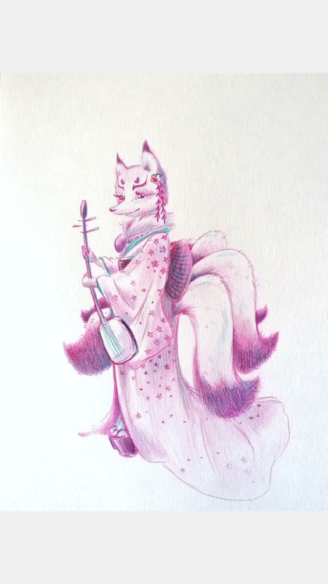 AlexEuryale's tweet photo. Petite kitsune en route pour aller jouer du shamisen 🦊

#dessin #illustration #japon #kitsune #polychromos https://t.co/KSuR9hrDCq